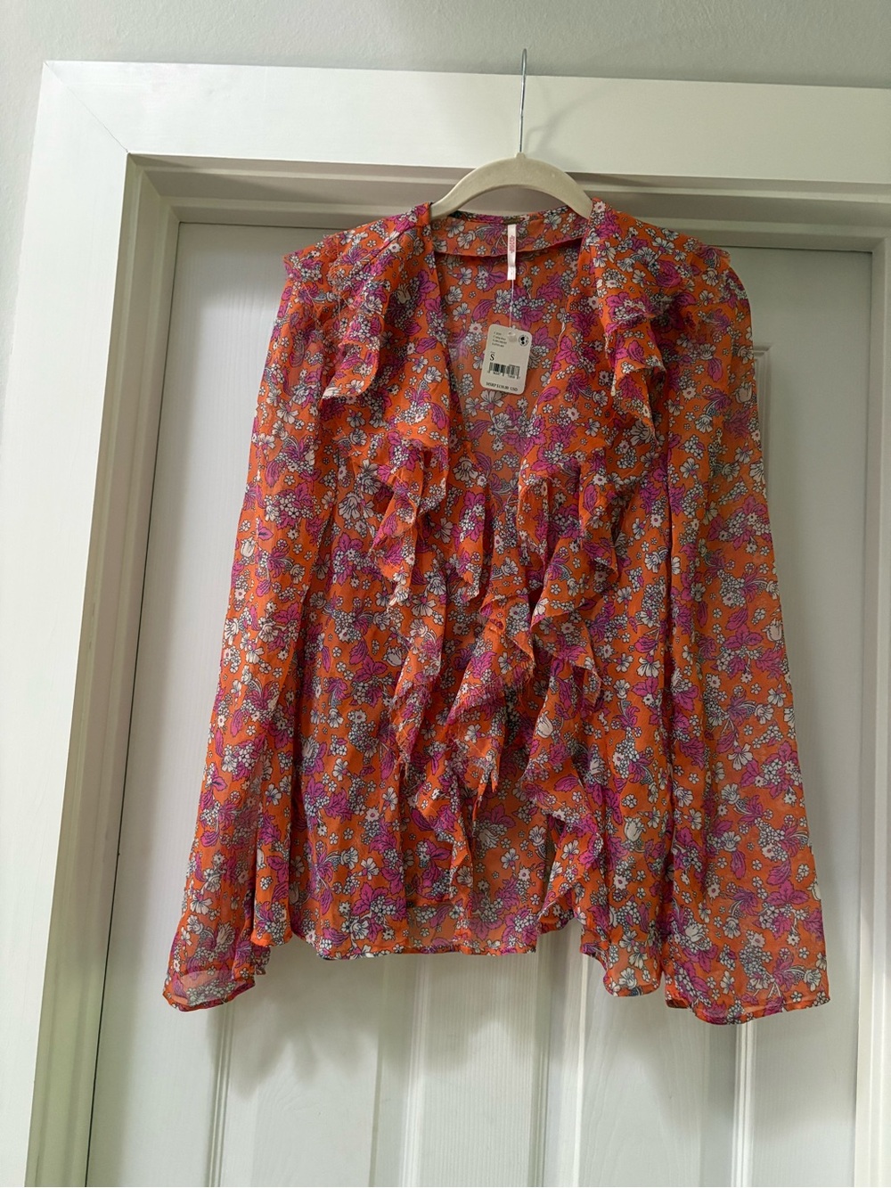 Free People Orange Pink Floral Ruffle Blouse